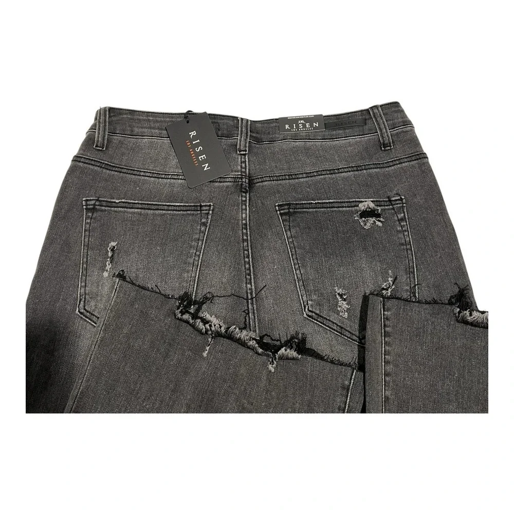 NWT Risen Womens 1XL Flare Jeans Black Acid Wash High Rise Raw Hem Stretch Denim